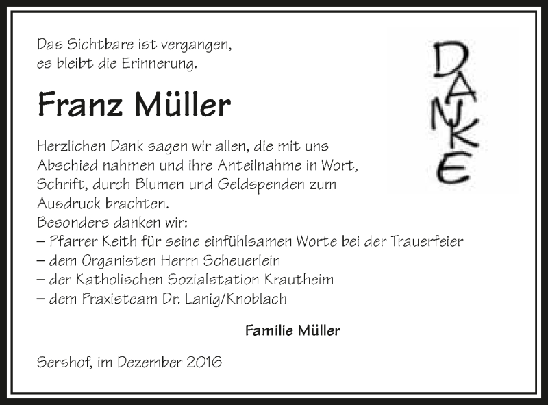  Traueranzeige für Franz Müller vom 13.12.2016 aus 