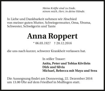 Traueranzeige von Anna Roppert 