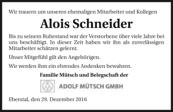 Traueranzeige von Alois Schneider 