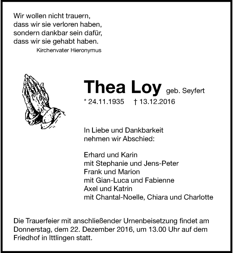  Traueranzeige für Thea Loy vom 17.12.2016 aus 
