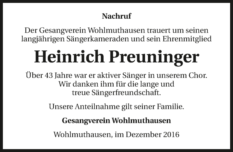  Traueranzeige für Heinrich Preuninger vom 06.12.2016 aus 