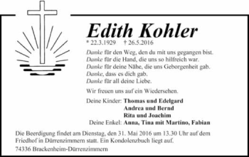 Traueranzeige von Edith Kohler 
