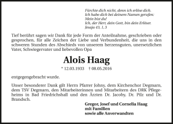 Traueranzeige von Alois Haag 
