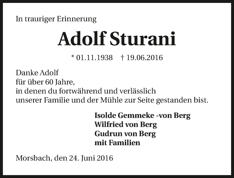  Traueranzeige für Adolf Sturani vom 24.06.2016 aus 
