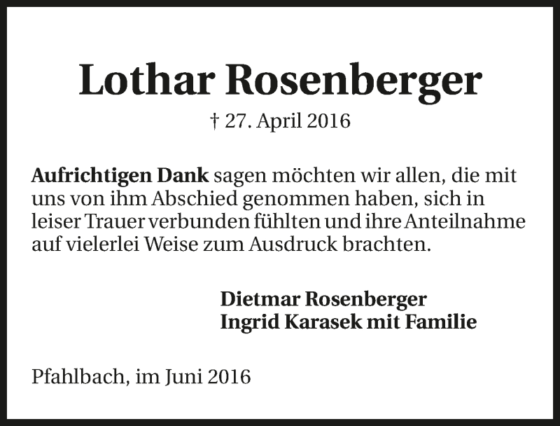  Traueranzeige für Lothar Rosenberger vom 08.06.2016 aus 
