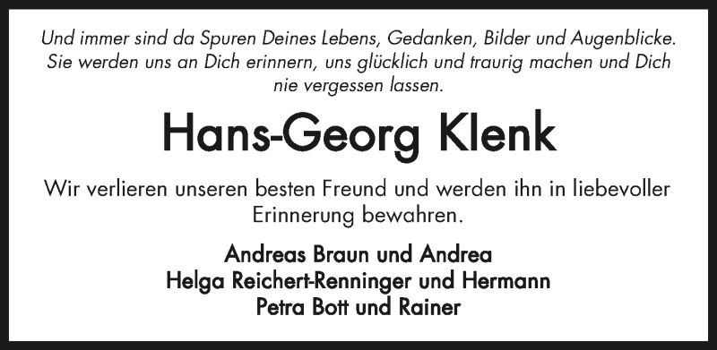  Traueranzeige für Hans-Georg Klenk vom 22.06.2016 aus 