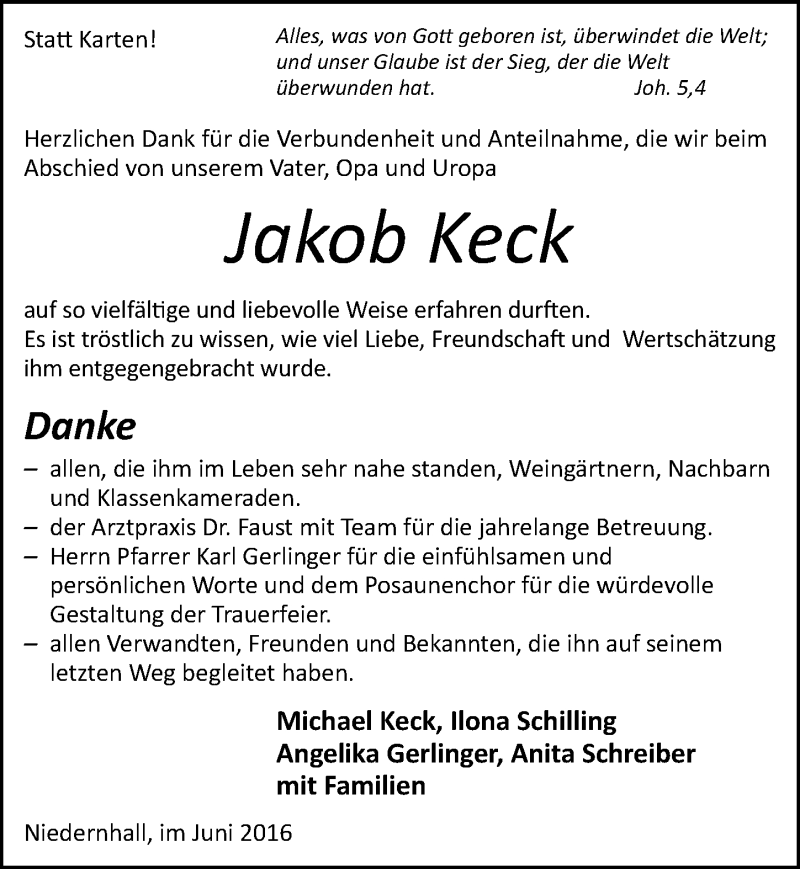  Traueranzeige für Jakob Keck vom 25.06.2016 aus 