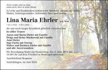 Traueranzeige von Lina Maria Ehrler 