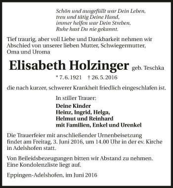Traueranzeige von Elisabeth Holzinger 