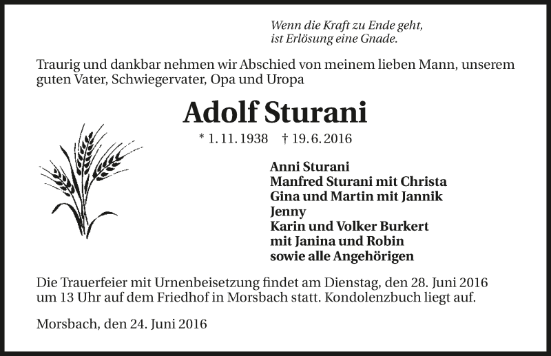  Traueranzeige für Adolf Sturani vom 24.06.2016 aus 