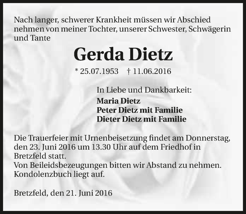  Traueranzeige für Gerda Dietz vom 21.06.2016 aus 
