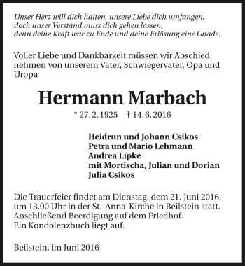 Traueranzeige von Hermann Marbach 
