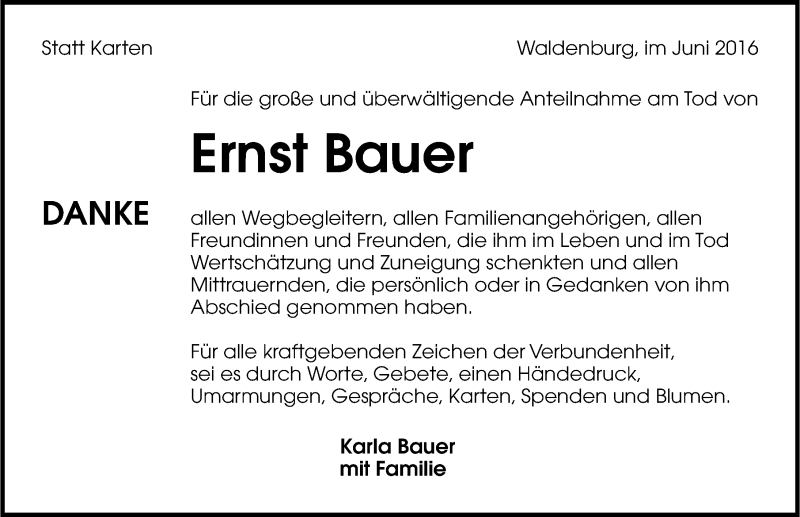  Traueranzeige für Ernst Bauer vom 18.06.2016 aus 