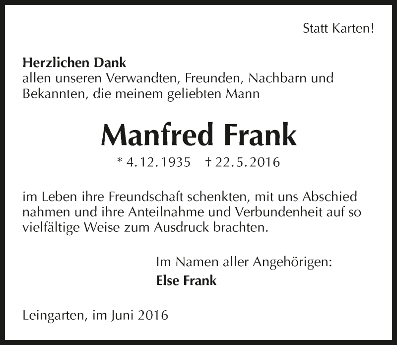  Traueranzeige für Manfred Frank vom 04.06.2016 aus 