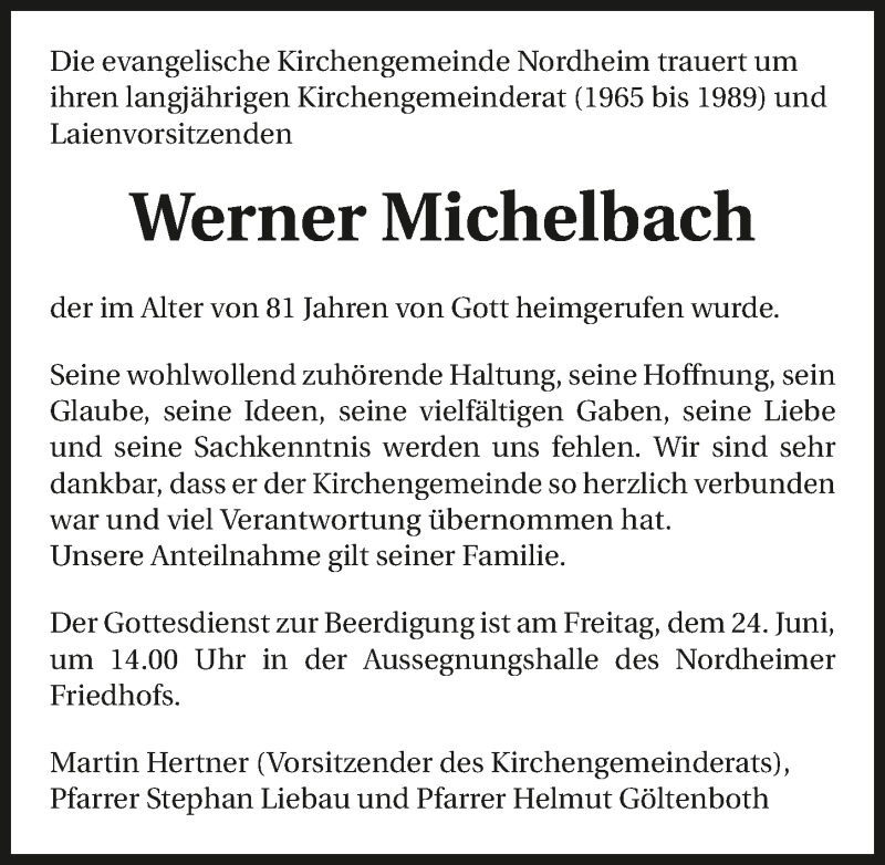  Traueranzeige für Werner Michelbach vom 18.06.2016 aus 