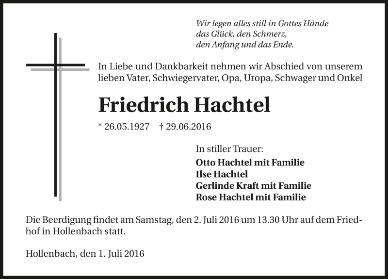  Traueranzeige für Friedrich Hachtel vom 01.07.2016 aus 