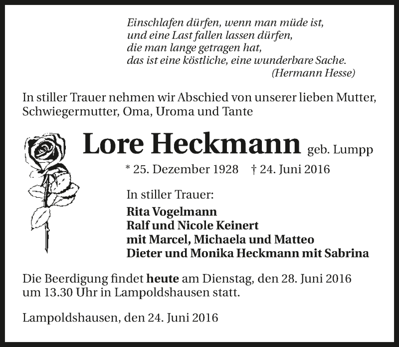  Traueranzeige für Lore Heckmann vom 28.06.2016 aus 