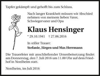 Traueranzeige von Klaus Hensinger 