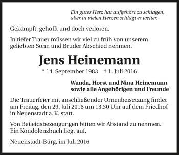 Traueranzeige von Jens Heinemann 