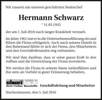 Traueranzeige von Hermann Schwarz 