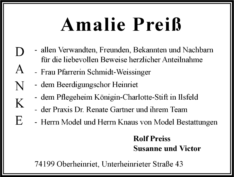  Traueranzeige für Amalie Preiß vom 30.07.2016 aus 
