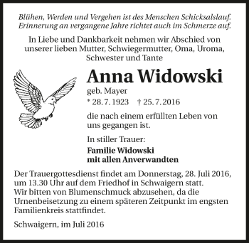 Traueranzeige von Anna Widowski 