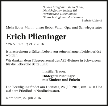 Traueranzeige von Erich Plieninger 