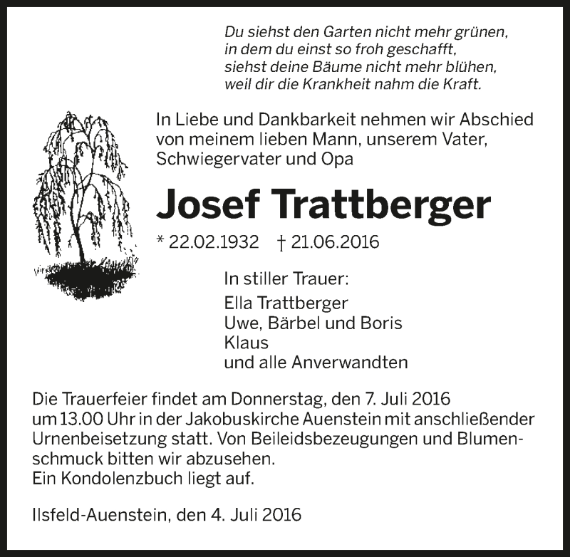  Traueranzeige für Josef Trattberger vom 04.07.2016 aus 