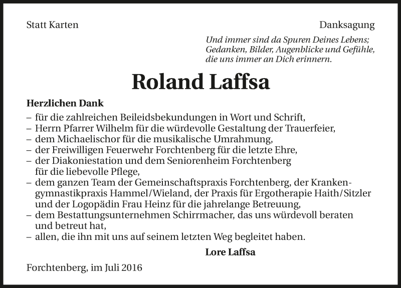  Traueranzeige für Roland Laffsa vom 09.07.2016 aus 