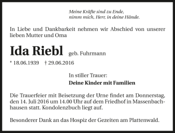 Traueranzeige von Ida Riebl 