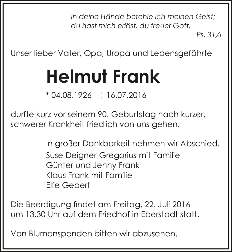  Traueranzeige für Helmut Frank vom 18.07.2016 aus 