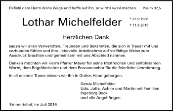 Traueranzeige von Lothar Michelfelder 