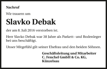 Traueranzeige von Slavko Debak 