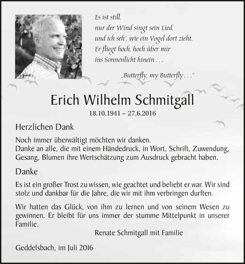  Traueranzeige für Erich Wilhelm Schmitgall vom 23.07.2016 aus 