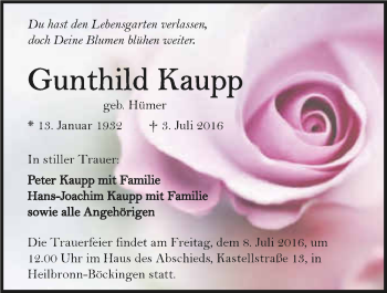 Traueranzeige von Gunthild Kaupp 