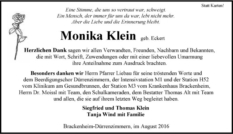  Traueranzeige für Monika Klein vom 31.08.2016 aus 