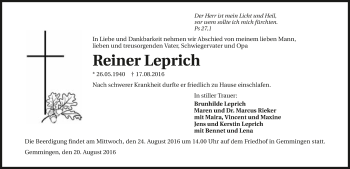 Traueranzeige von Reiner Leprich 