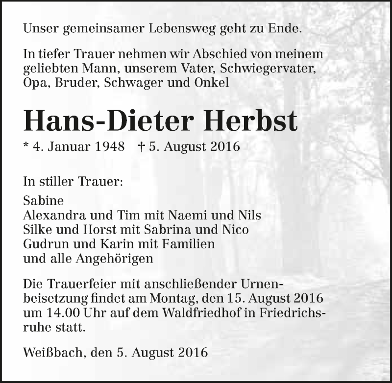  Traueranzeige für Hans-Dieter Herbst vom 11.08.2016 aus 