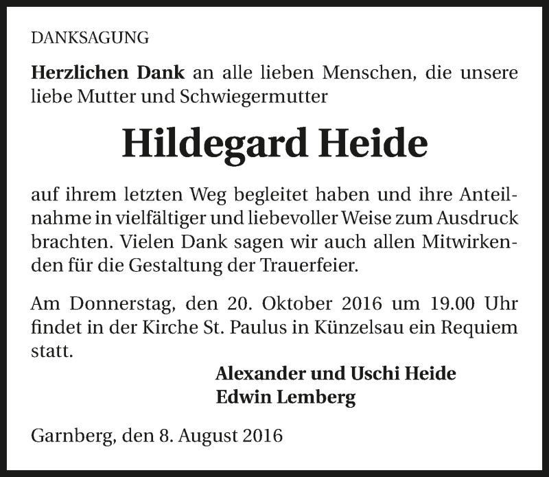  Traueranzeige für Hildegard Heide vom 08.08.2016 aus 