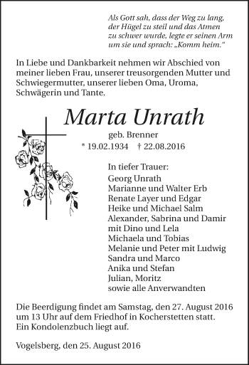 Traueranzeige von Marta Unrath 