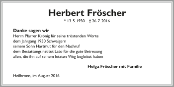 Traueranzeige von Herbert Fröscher 