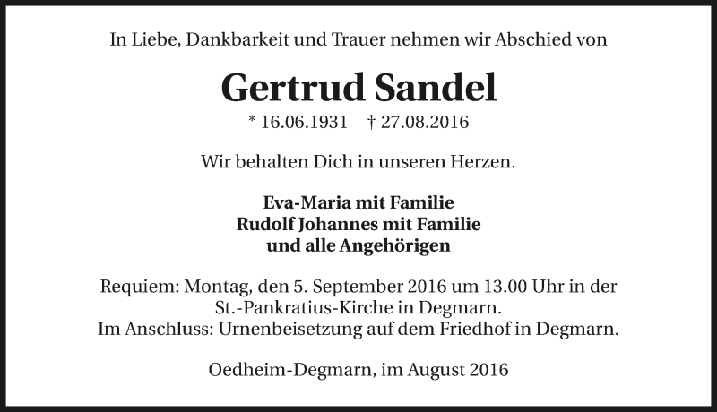  Traueranzeige für Gertrud Sandel vom 30.08.2016 aus 