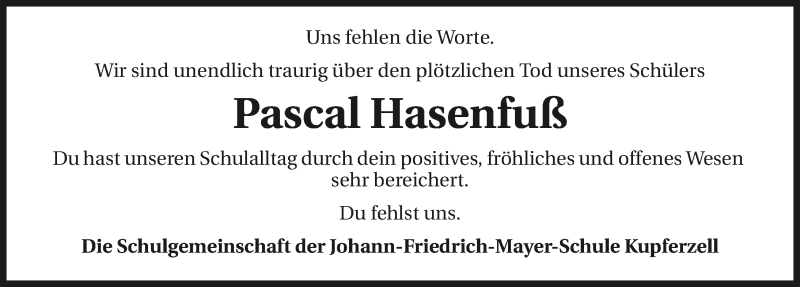  Traueranzeige für Pascal Hasenfuß vom 13.08.2016 aus 