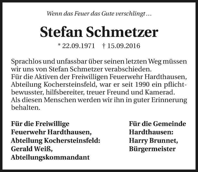  Traueranzeige für Stefan Schmetzer vom 20.09.2016 aus 