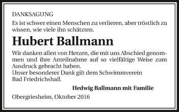 Traueranzeige von Hubert Ballmann 