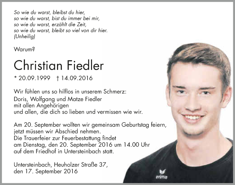  Traueranzeige für Christian Fiedler vom 17.09.2016 aus 