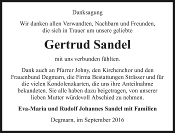 Traueranzeige von Gertrud Sandel 