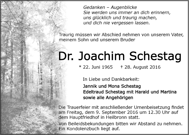  Traueranzeige für Joachim Schestag vom 06.09.2016 aus 