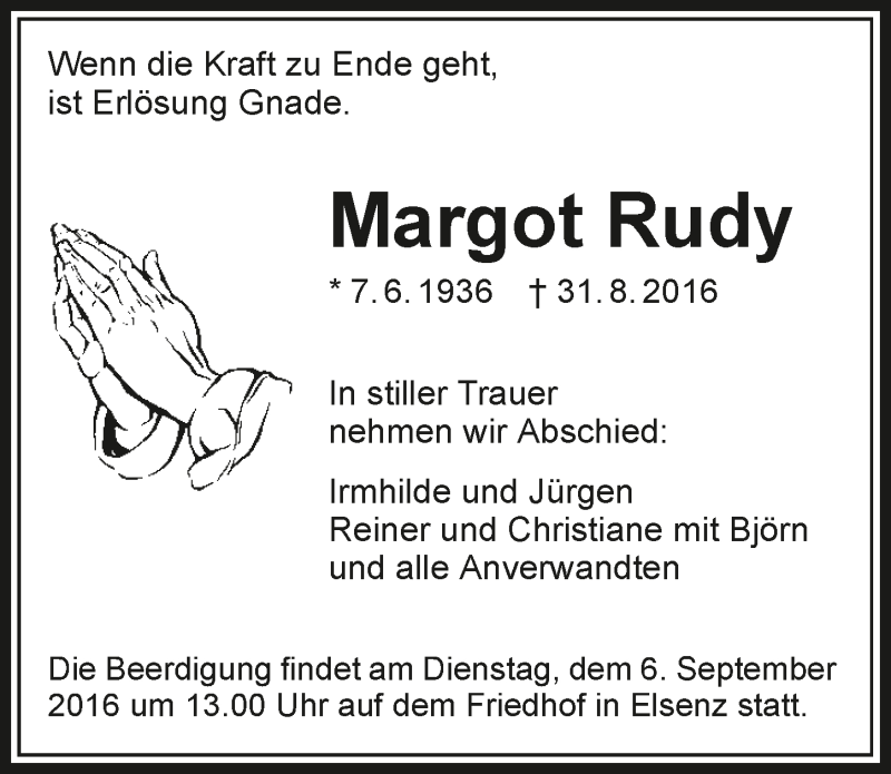  Traueranzeige für Margot Rudy vom 03.09.2016 aus 