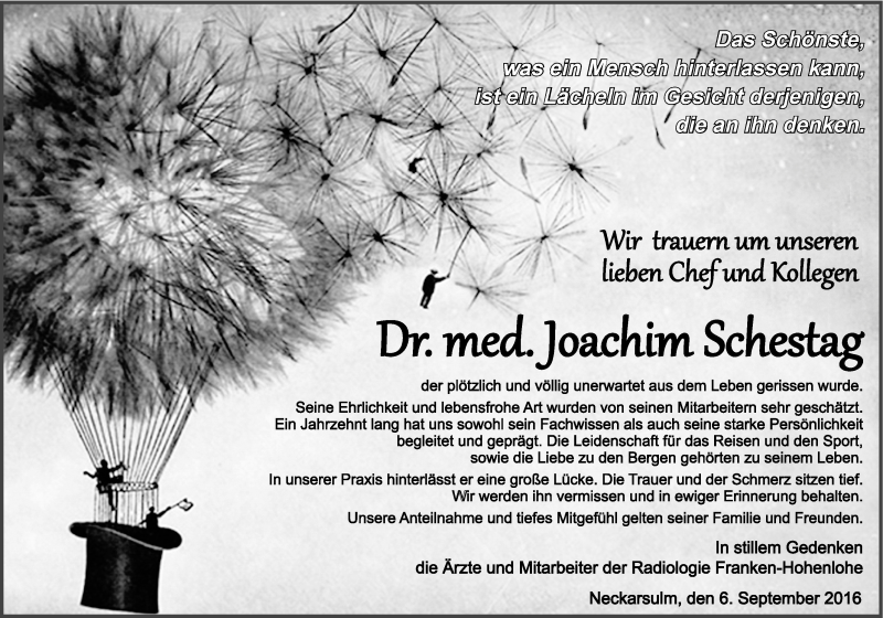  Traueranzeige für Joachim Schestag vom 06.09.2016 aus 
